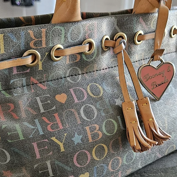 Dooney & Bourke Multicolor Logo Drawstring Tote | Y2K | Leather Trim - Picture 3 of 15